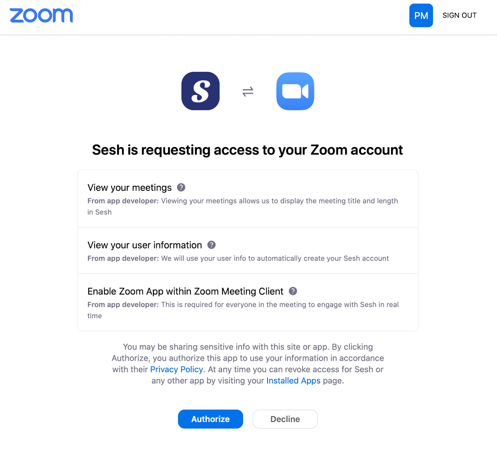 Authorize Zoom account access